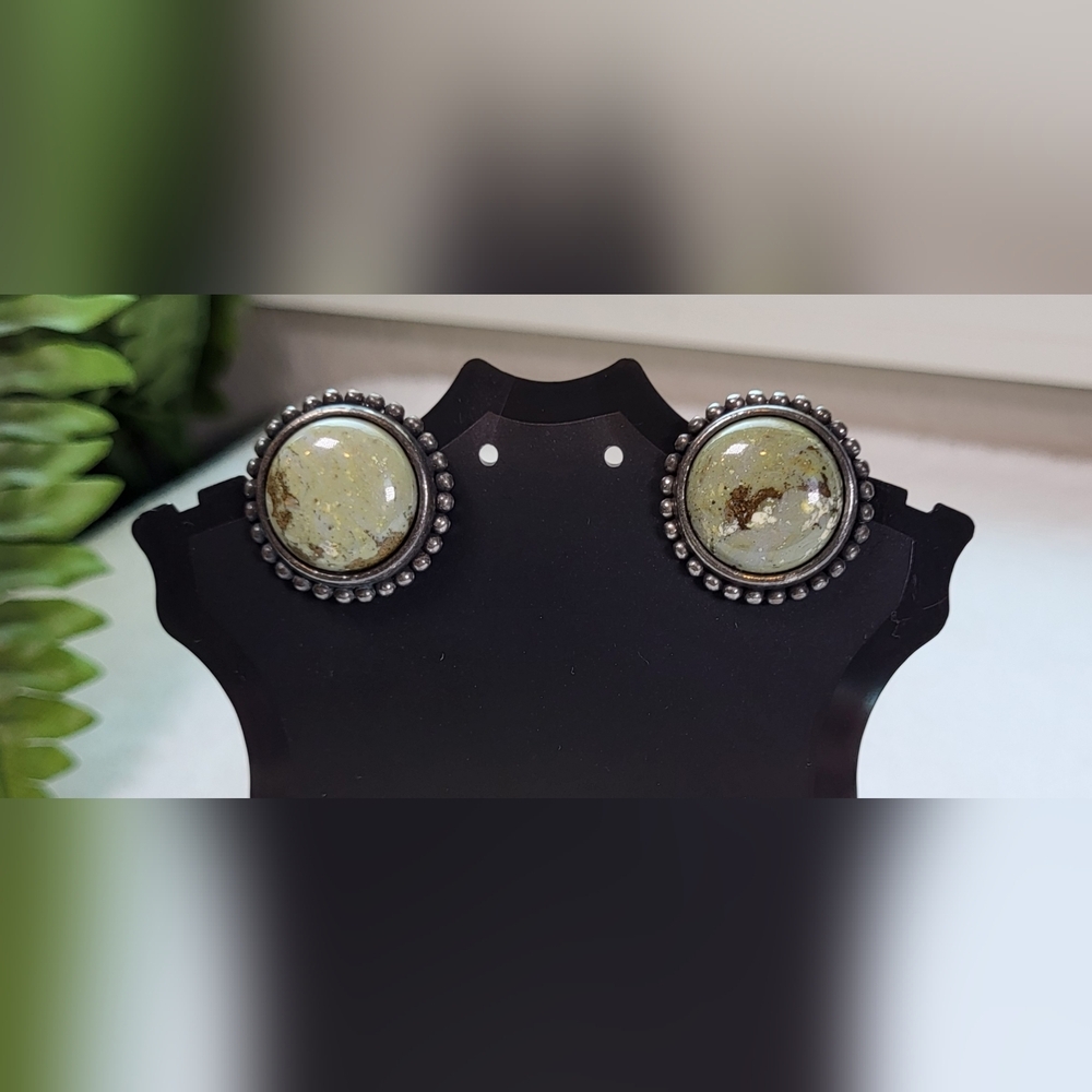 Green Jasper and Antiqued Silver Round Stud Earrings / Pierced - Picture 1 of 7